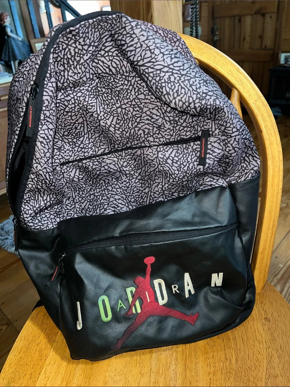 Jordan Black Backpack with Light Purple Cement Patterned Top and Red Jumpman